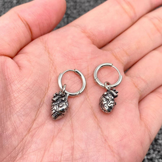 Gothic Anatomical Heart Charm Stainless Steel Huggie Earrings