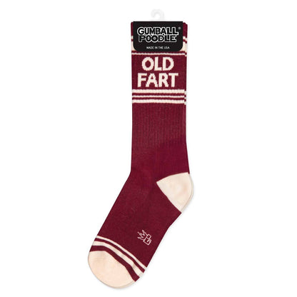 Maroon sock with 'Old Fart' text and Gumball Poodle branding on a white background