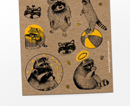 Hand-Drawn Raccoons Sticker Sheet - Waterproof Vinyl