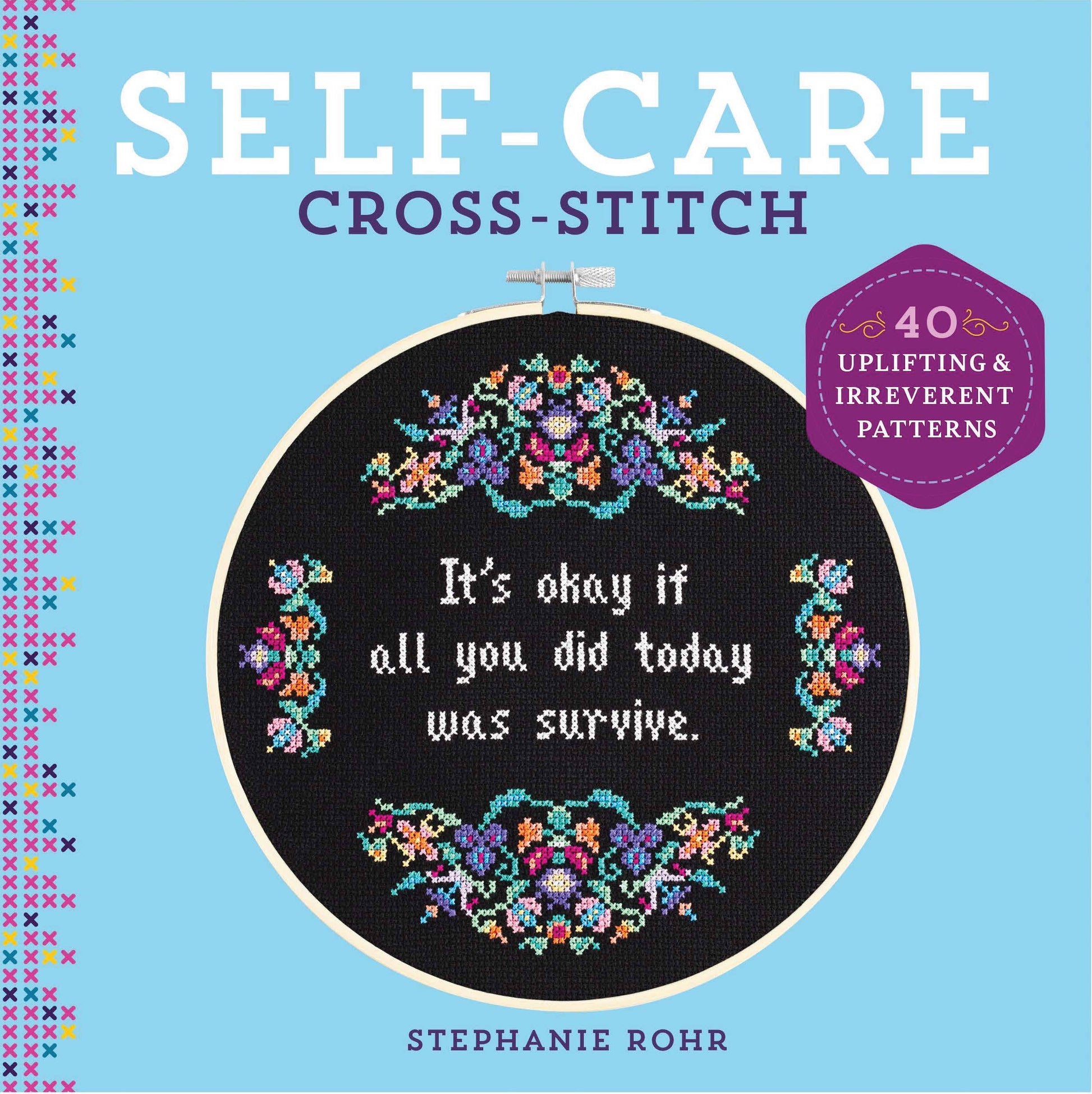 Book cover of 'Self-Care Cross-Stitch' with cross-stitched design and text on a blue background.