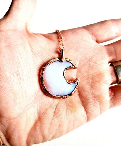 Knapped Opalite Crystal Crescent Moon Necklace