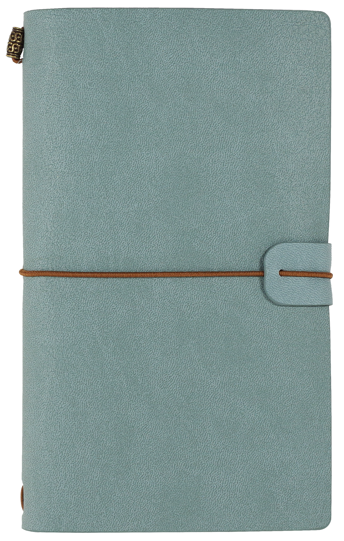 Light blue notebook with a brown strap and gold zipper on a white background