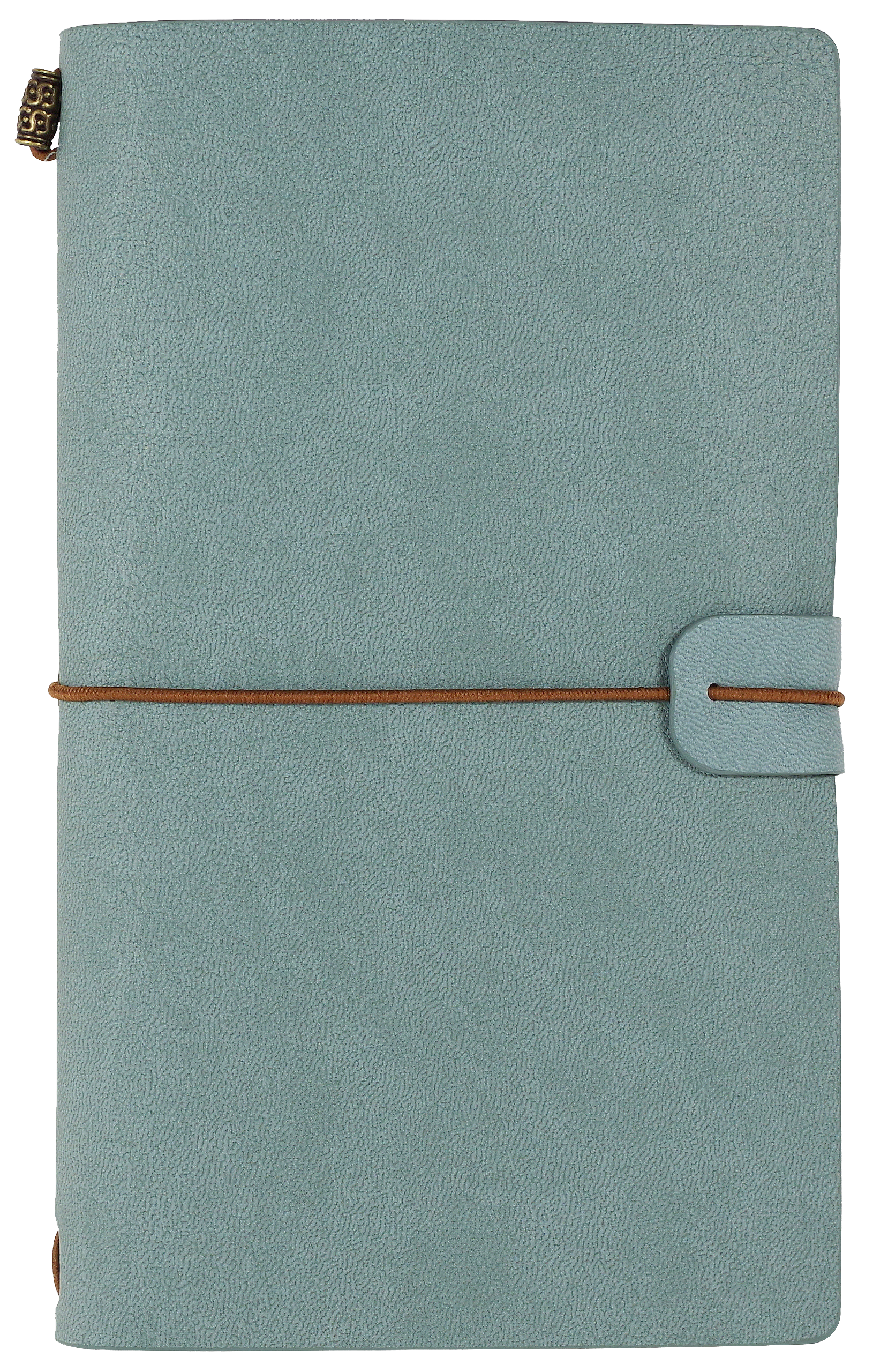 Light blue notebook with a brown strap and gold zipper on a white background