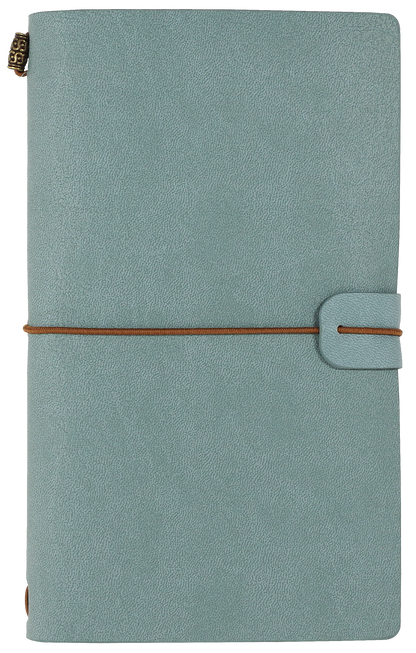 Light blue notebook with a brown strap and gold zipper on a white background