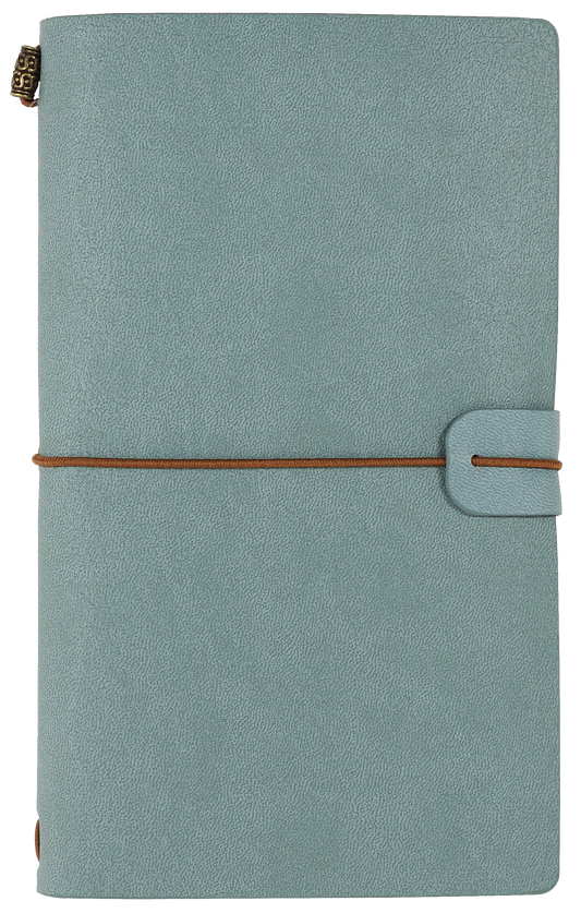Light blue notebook with a brown strap and gold zipper on a white background
