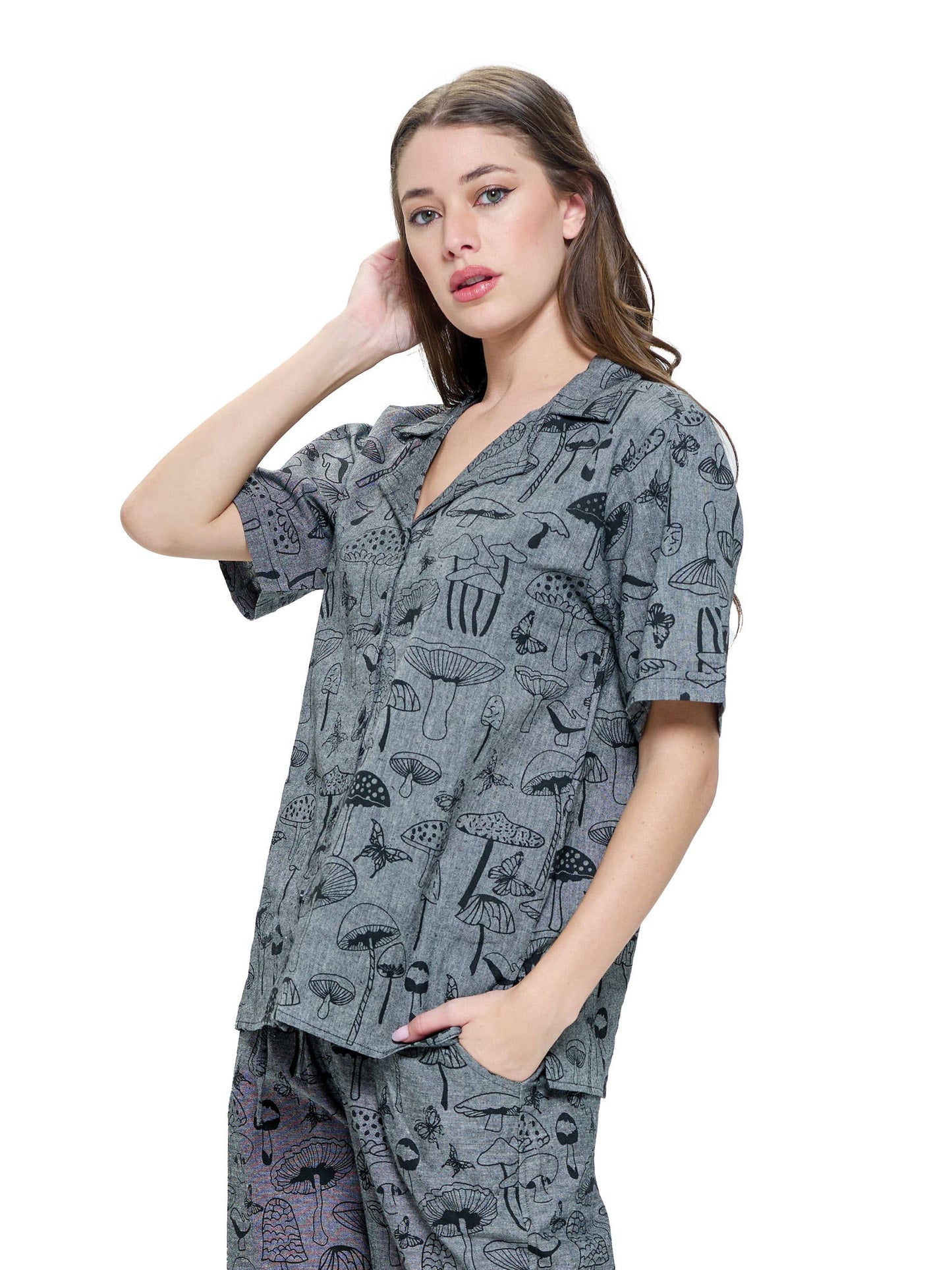 Button up Mushroom Print Unisex Blouse Shirt