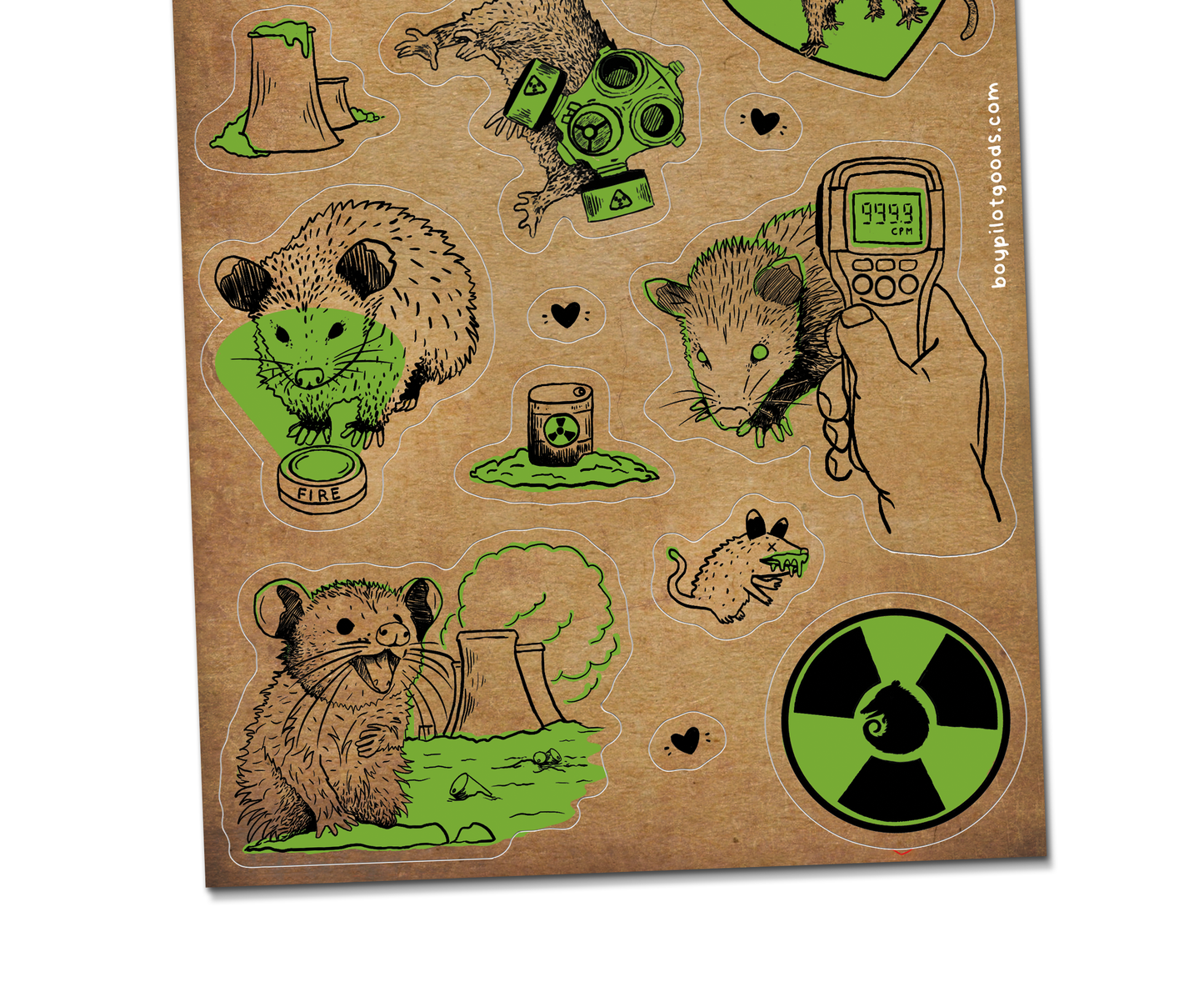 Radioactive Possums Sticker Sheet - Waterproof Vinyl
