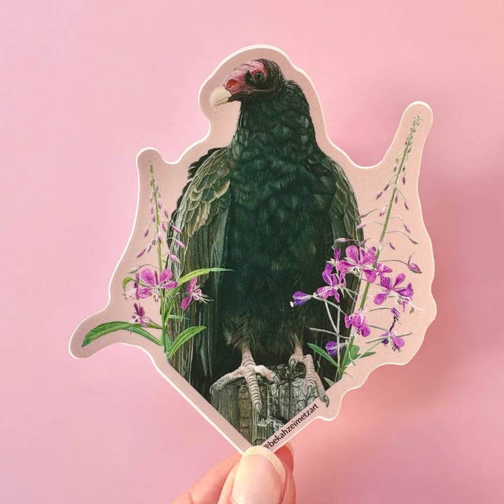 Sticker of a green bird with pink flowers on a pink background
