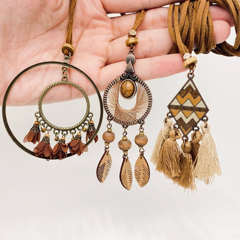 Boho style necklaces on leather cord