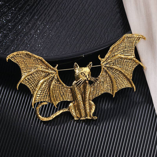 Winged cat brooch, bat-shaped flying cat pin