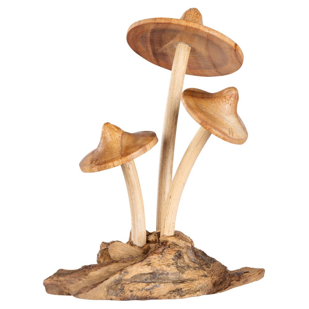 Triple Mushroom wooden carved statue