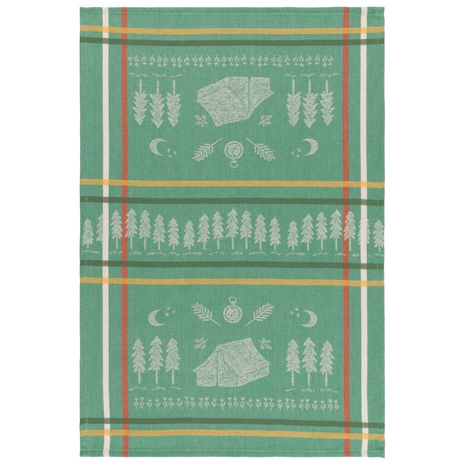 green and plaid kitchen towel with cabin trees and moon printed 