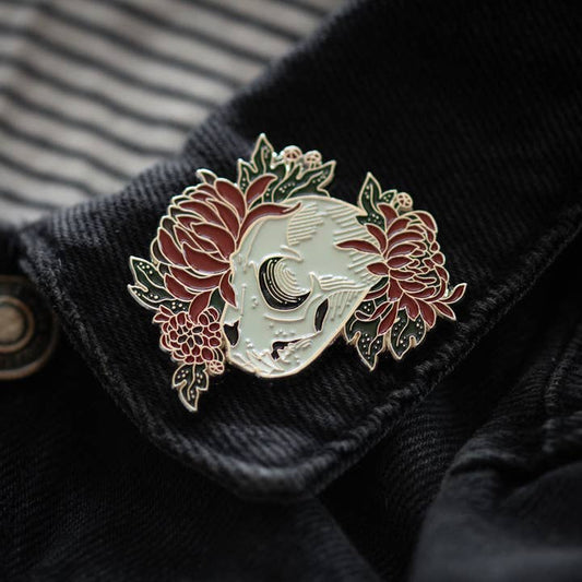 Cat Skull with Flowers enamel pin