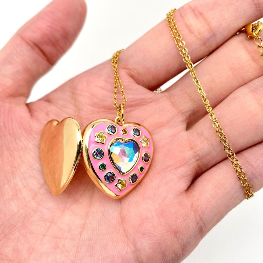 Enamel Pink Heart-Shaped Locket Necklace