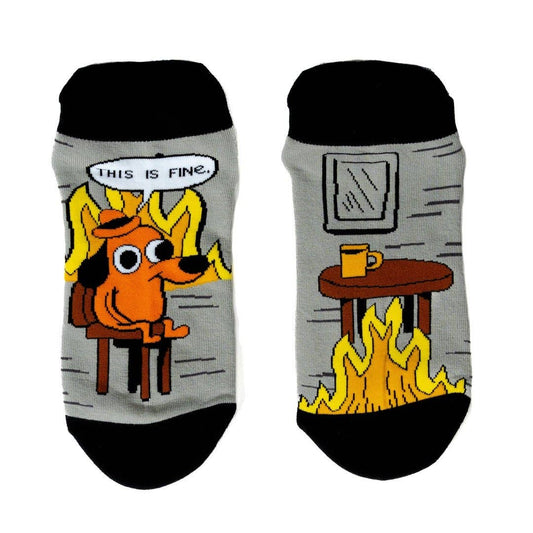 ankle socks with dog sitting by fire saying "this is fine"