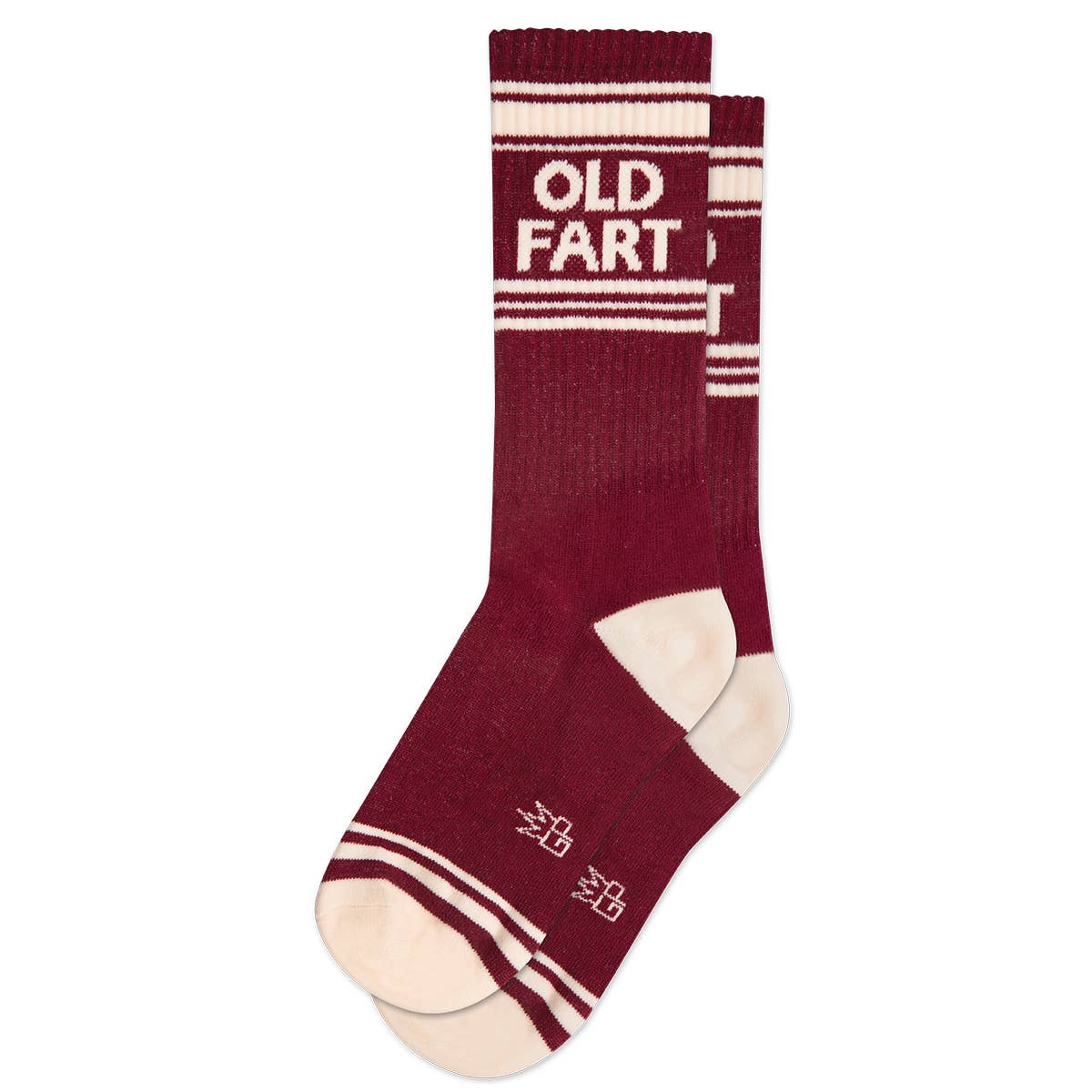 Maroon sock with 'OLD FART' text on a white background