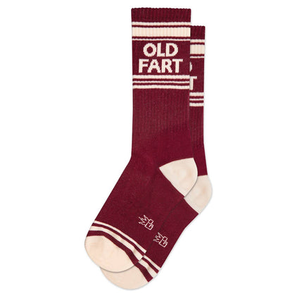 Maroon sock with 'OLD FART' text on a white background