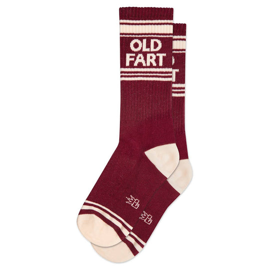Maroon sock with 'OLD FART' text on a white background