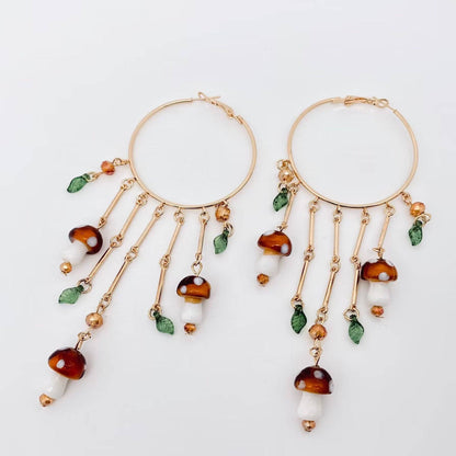 Mushroom Charm Dangly Ring Hoop Earrings