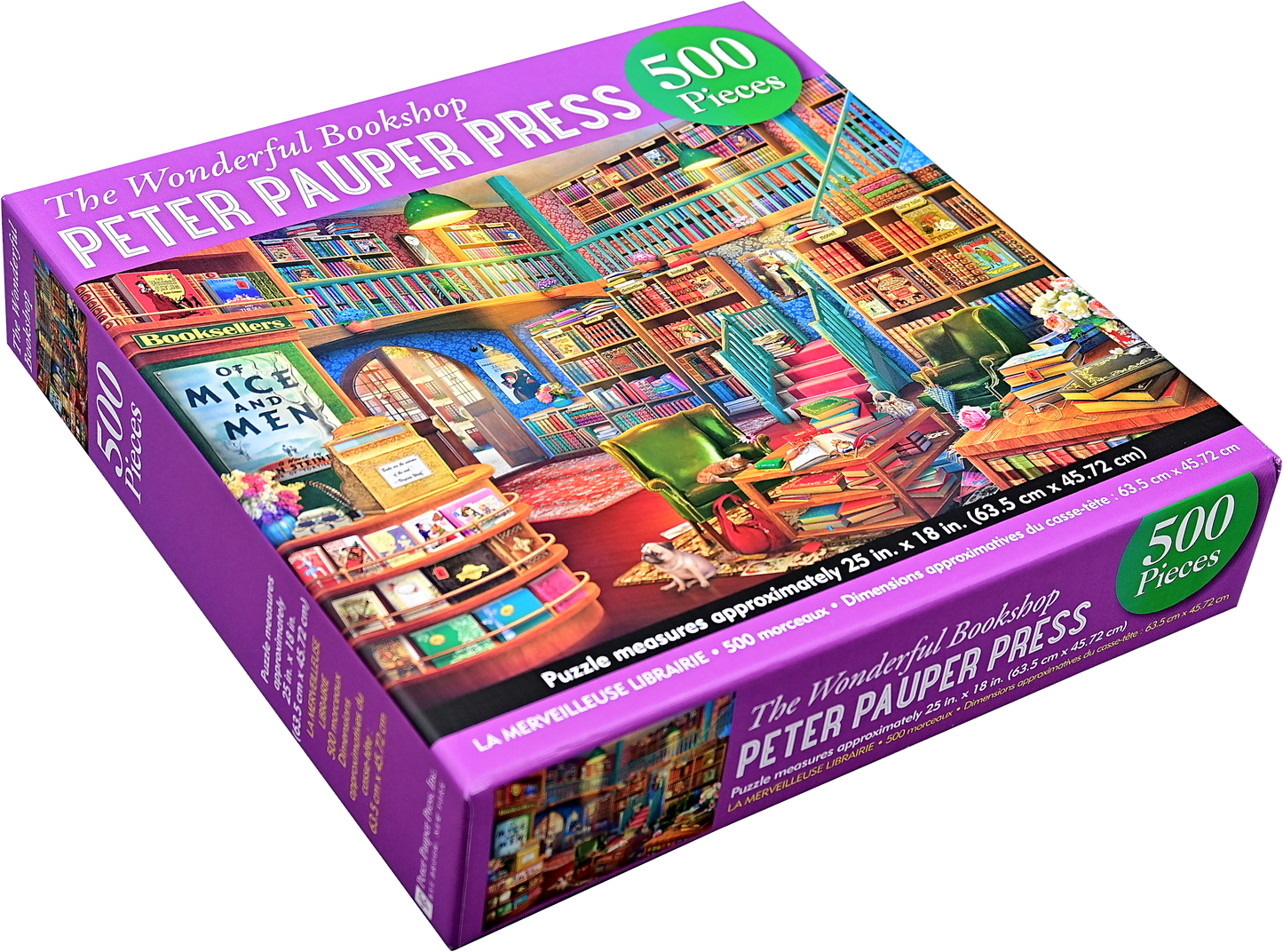 Jigsaw puzzle box with colorful illustration of a bookshop and 'Peter Pauper Press' branding.