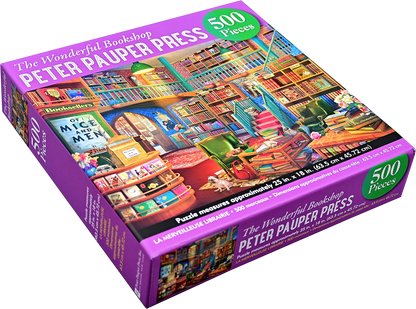 Jigsaw puzzle box with colorful illustration of a bookshop and 'Peter Pauper Press' branding.