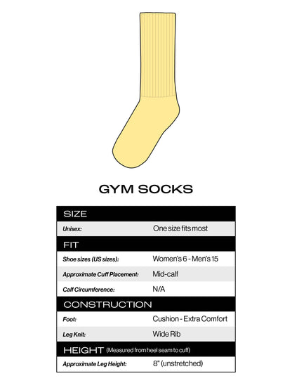Yellow gym sock with size chart on a white background