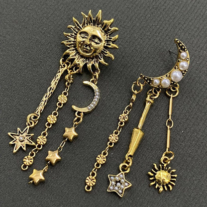 Star Fringe Asymmetric Sun Moon Post Earrings - MS