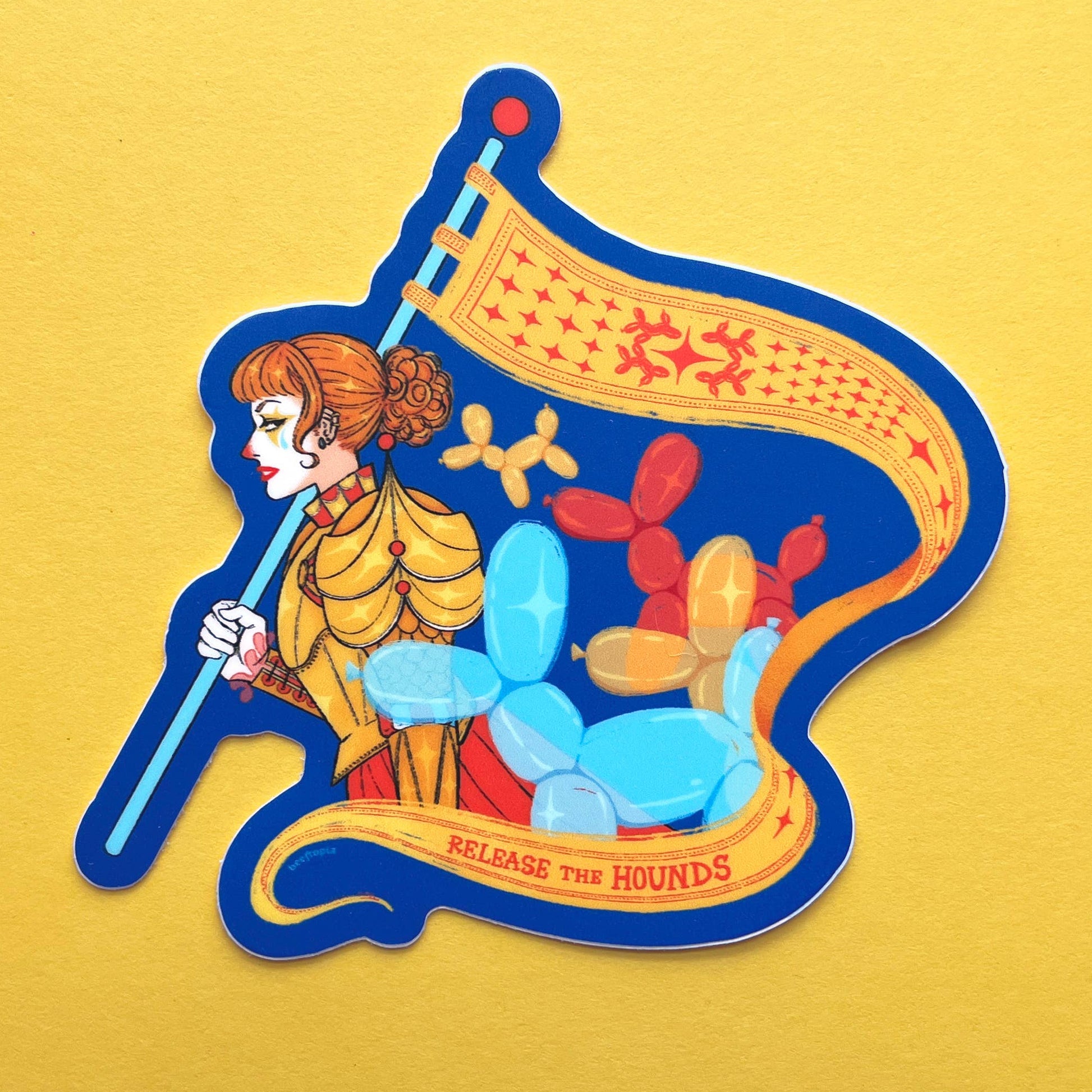 Sticker with a character holding a banner and balloon dogs on a yellow background