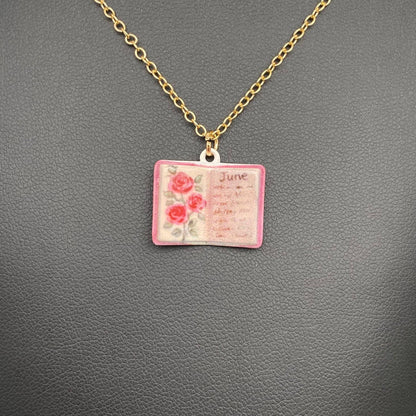 12 Months Birth Flower Book Charm Necklace