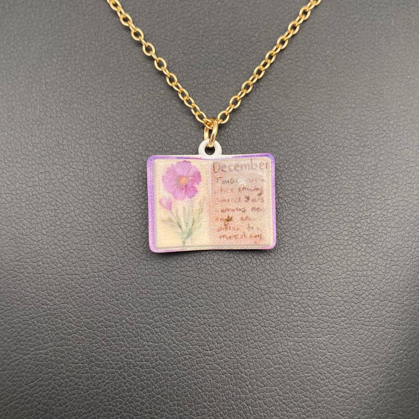 12 Months Birth Flower Book Charm Necklace