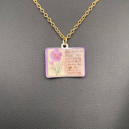 12 Months Birth Flower Book Charm Necklace