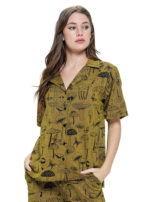 Button up Mushroom Print Unisex Blouse Shirt