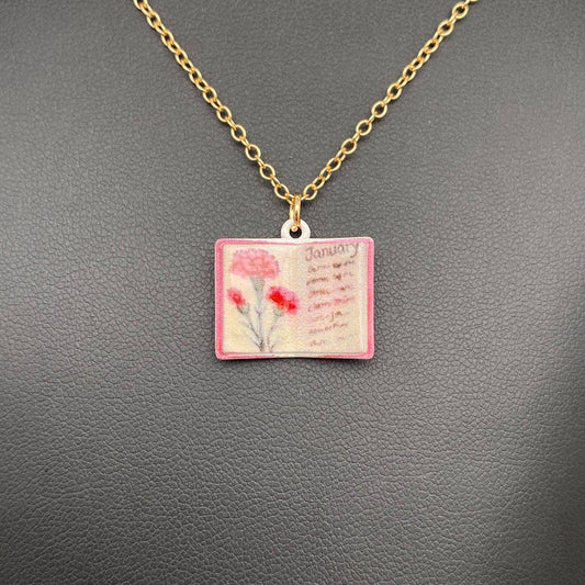 12 Months Birth Flower Book Charm Necklace