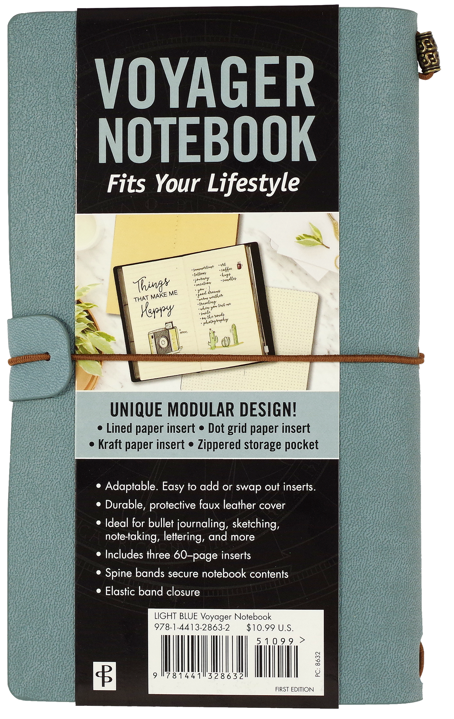 Voyager Notebook packaging with teal notebook and black label