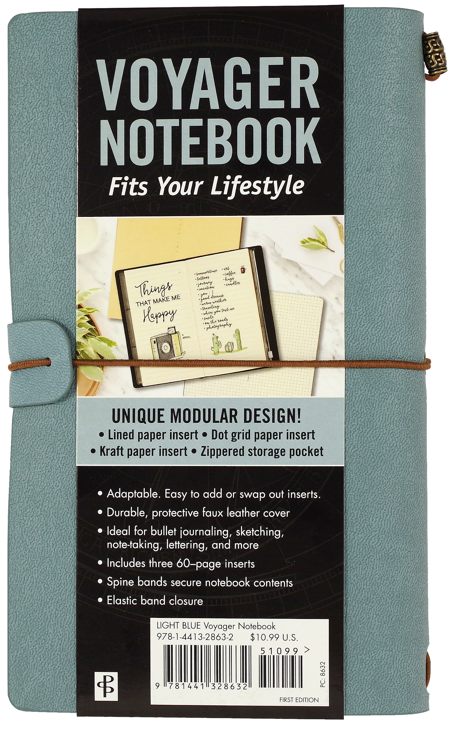 Voyager Notebook packaging with teal notebook and black label