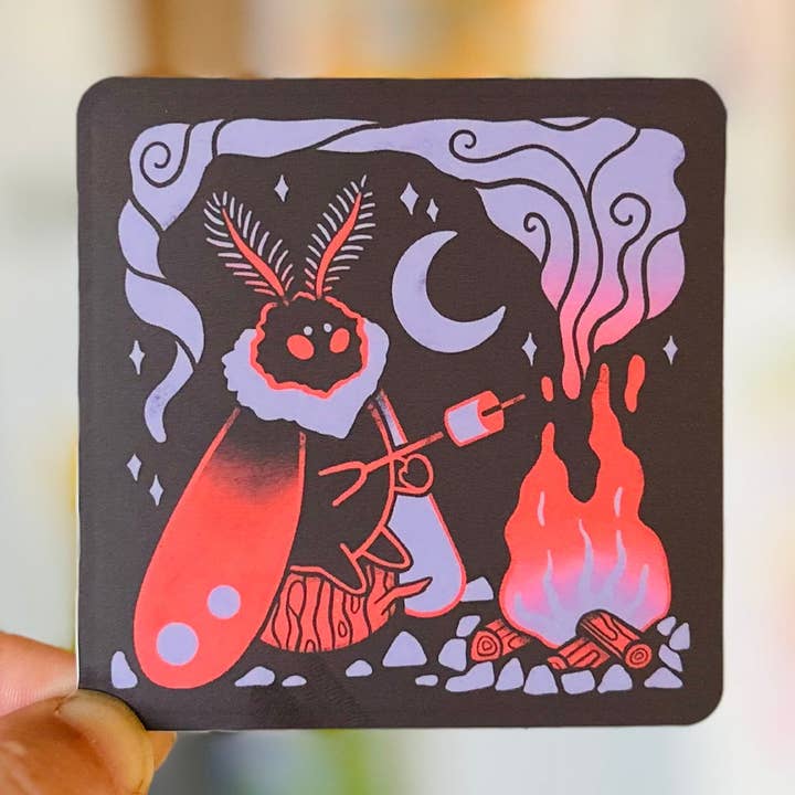 square vinyl sticker of mothman camping