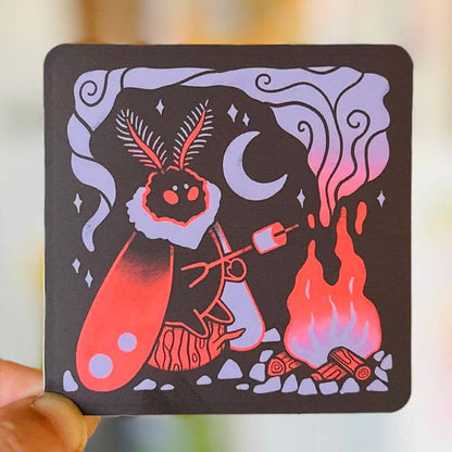 square vinyl sticker of mothman camping