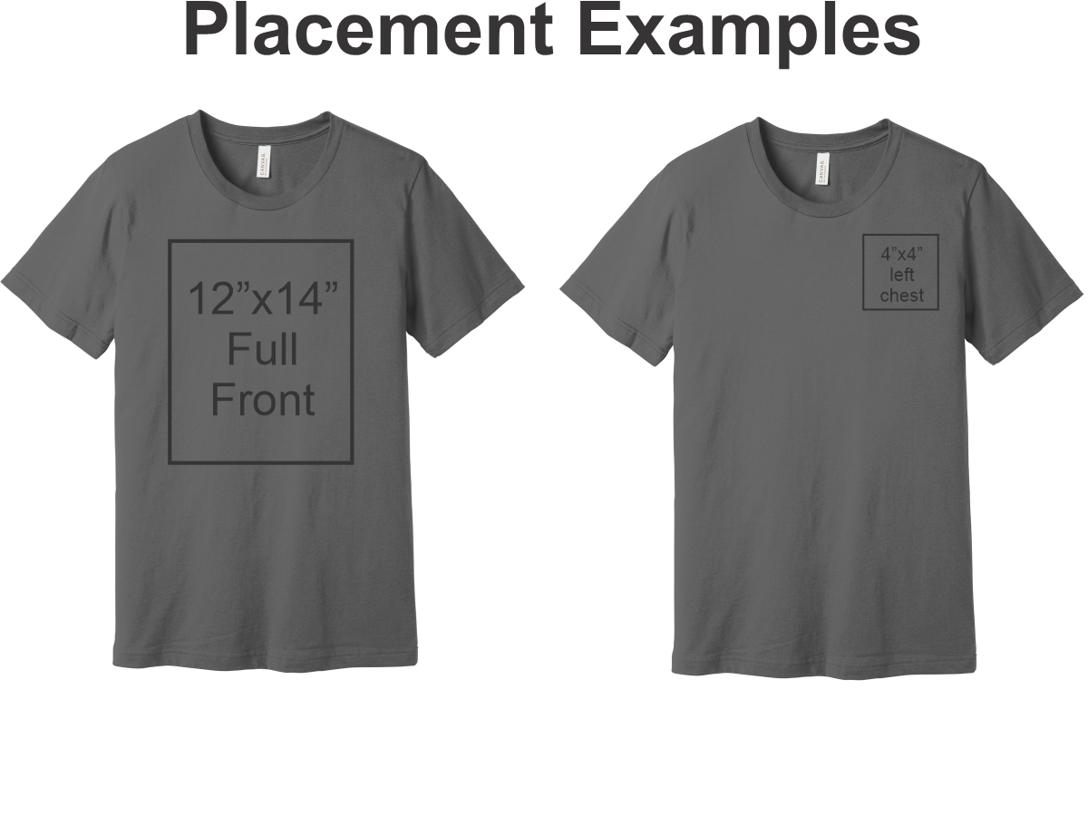Two gray t-shirts with different size placement examples on a white background.