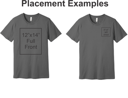 Two gray t-shirts with different size placement examples on a white background.