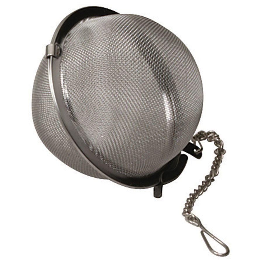 The Madame Bagnabit 2" mesh tea ball, featuring a stainless steel design with a chain and hook, ensures every tea flavor is perfectly brewed.