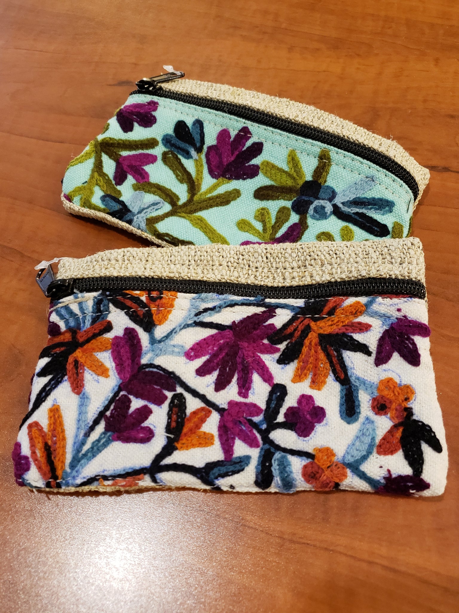 Embroidered floral hemp zipper pouch