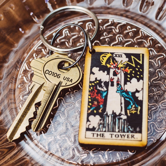 The Tower tarot wooden keychain