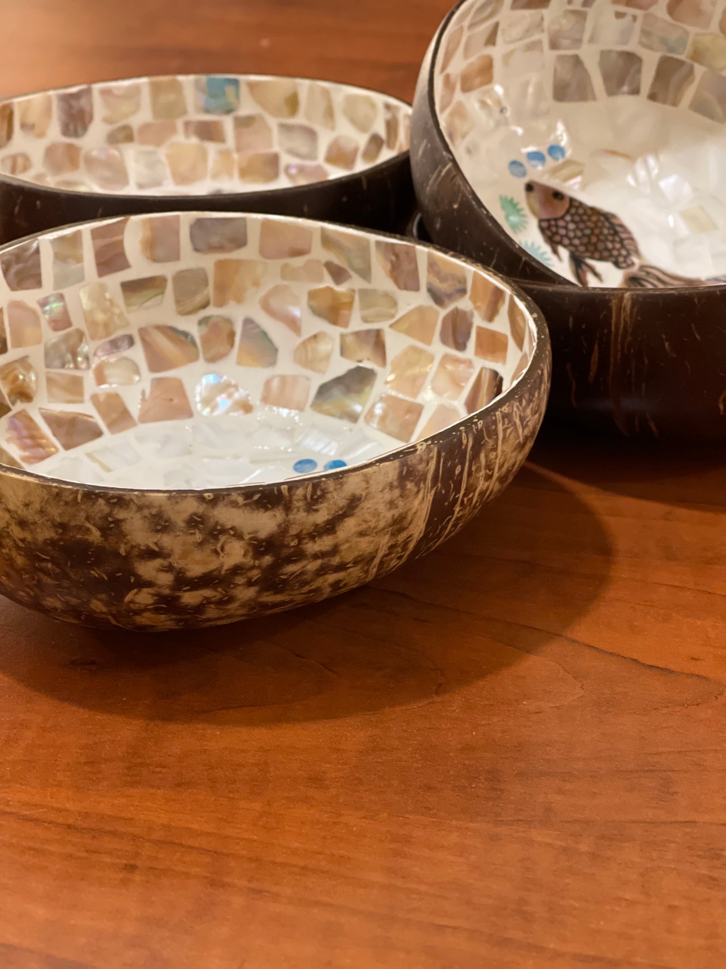 Fish design mosaic inlay coconut shell bowl