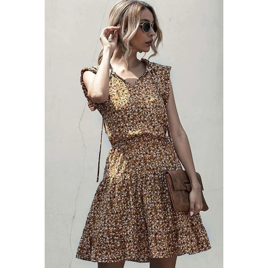 Mustard floral sleeveless dress